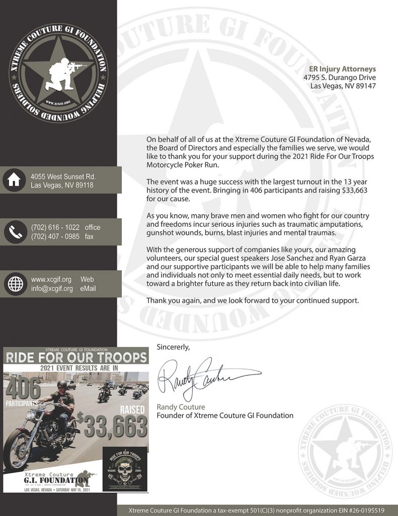 Letter of sincere thanks for ERIA's sponsorship and support of the 13th annual Xtreme Couture GI Foundation Motorcycle Poker Run.